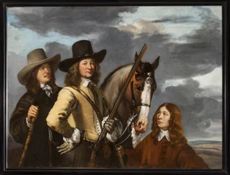 Porträt von Willem Everwijn mit seinem Pferd und zwei Jägern